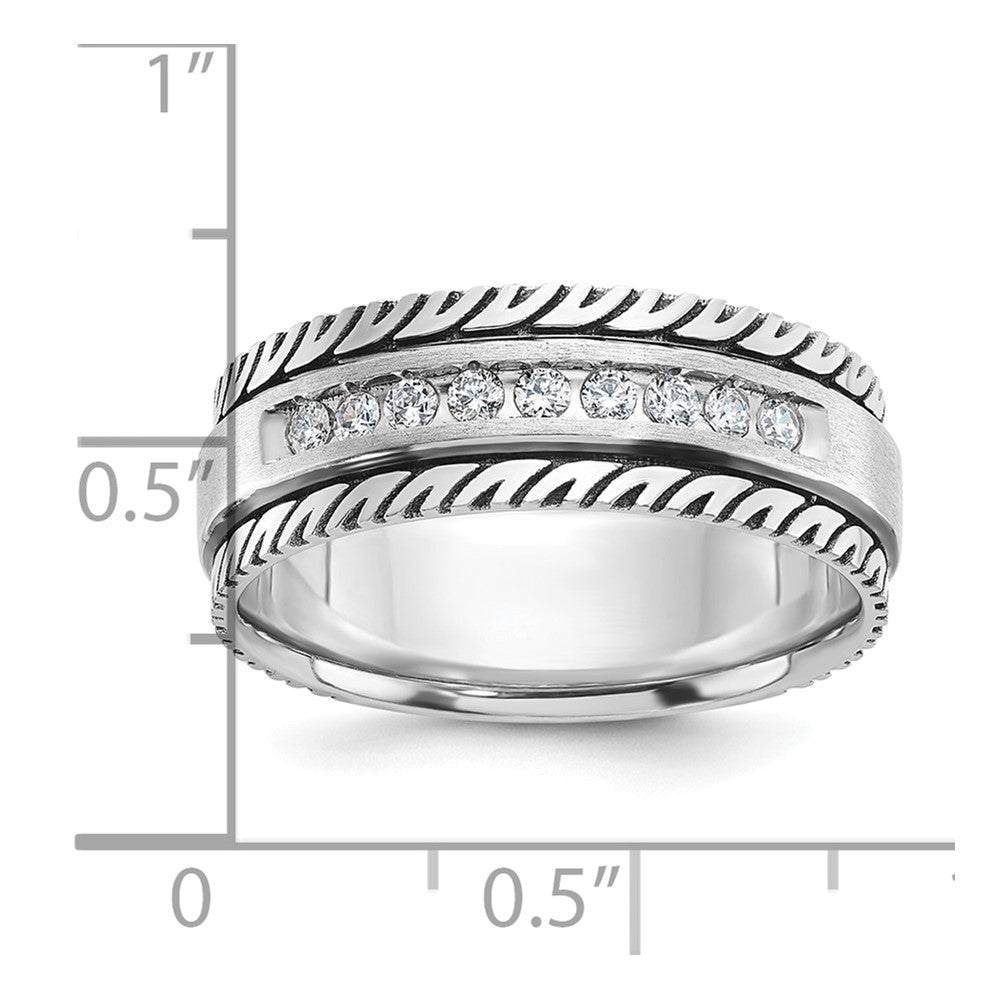 14k White Gold with Black Rhodium Men's Polished Satin and Grooved 1/5 Carat AA Quality Diamond Ring