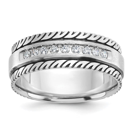 14k White Gold with Black Rhodium Men's Polished Satin and Grooved 1/5 Carat AA Quality Diamond Ring