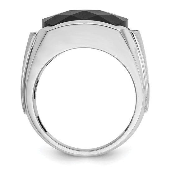 14k White Gold Men's Polished and Satin Faceted Onyx and 1/10 Carat AA Quality Diamond Ring