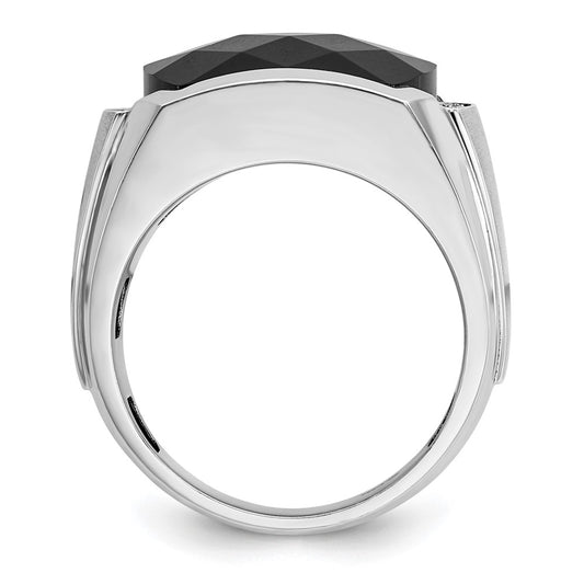 14k White Gold Men's Polished and Satin Faceted Onyx and 1/10 Carat AA Quality Diamond Ring