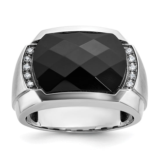 14k White Gold Men's Polished and Satin Faceted Onyx and 1/10 Carat AA Quality Diamond Ring