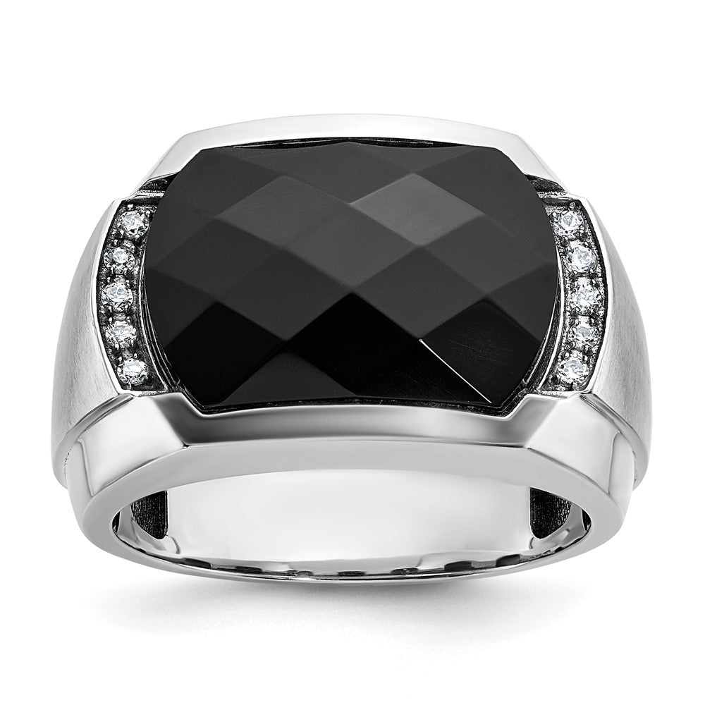 14k White Gold Men's Polished and Satin Faceted Onyx and 1/10 Carat AA Quality Diamond Ring