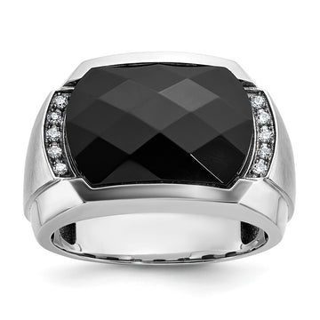 14k White Gold Men's Polished and Satin Faceted Onyx and 1/10 Carat AA Quality Diamond Ring