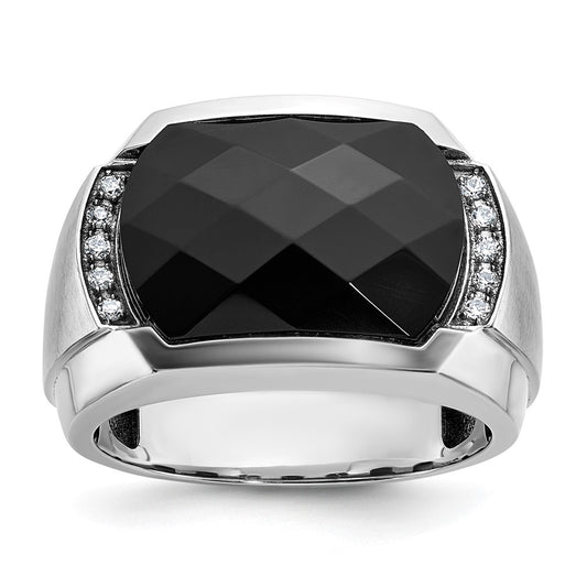 14k White Gold Men's Polished and Satin Faceted Onyx and 1/10 Carat AA Quality Diamond Ring
