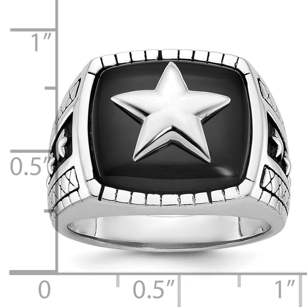 14k White Gold Men's Antiqued Onyx Complete Star Ring