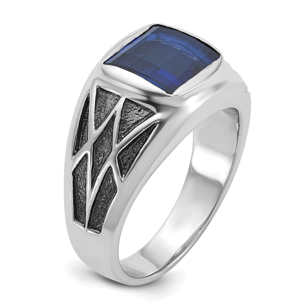 14k White Gold with Black Rhodium Men's Created Sapphire Complete Ring