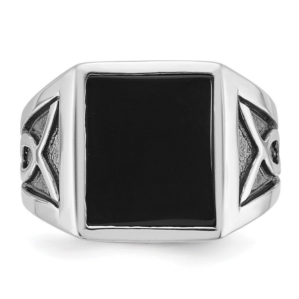 14k White Gold with Black Rhodium Mens Rectangle Onyx Complete Ring