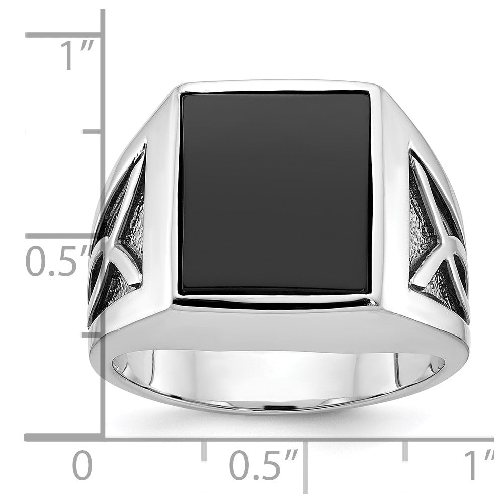 14k White Gold with Black Rhodium Mens Rectangle Onyx Complete Ring