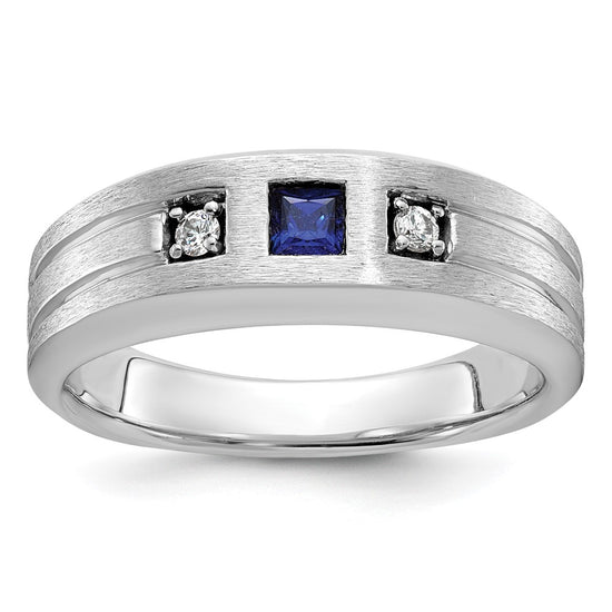 14k White Gold 1/15 carat Lab Grown Diamond VS/SI+ G+ and Lab Created Blue Sapphire Complete Men's Ring