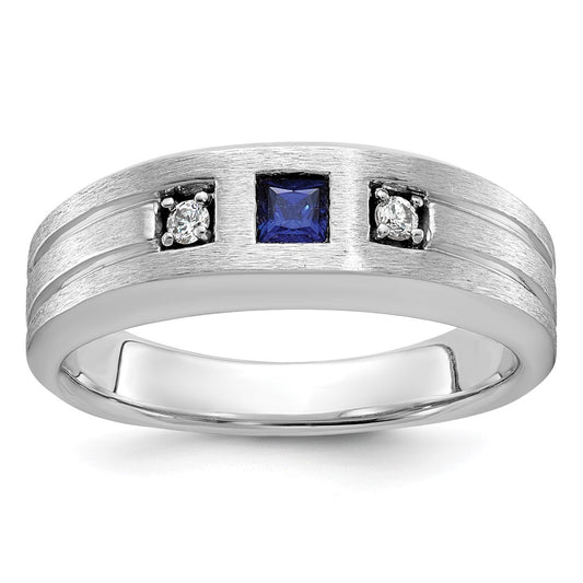 14k White Gold 1/15 carat Lab Grown Diamond VS/SI+ G+ and Lab Created Blue Sapphire Complete Men's Ring