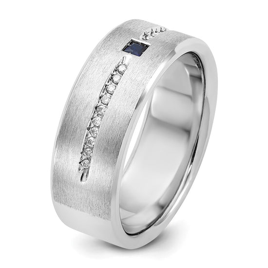 14k White Gold Men's Satin Lab Created Sapphire and 1/8 carat Diamond Complete Ring