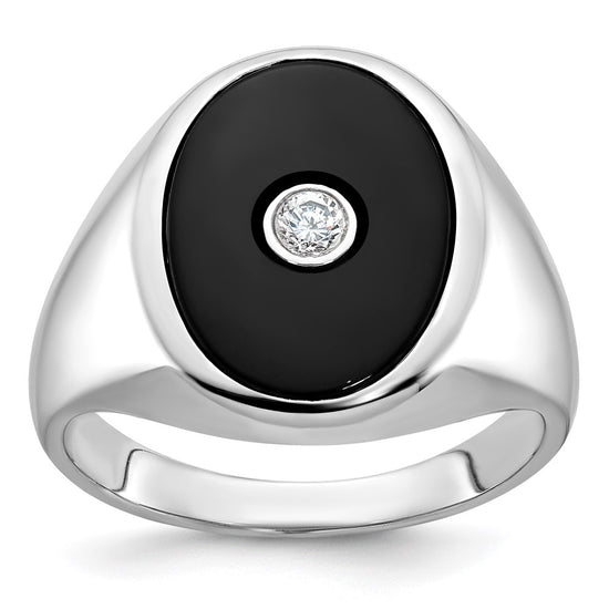 14k White Gold Men's Onyx and 1/10 carat Diamond Complete Ring