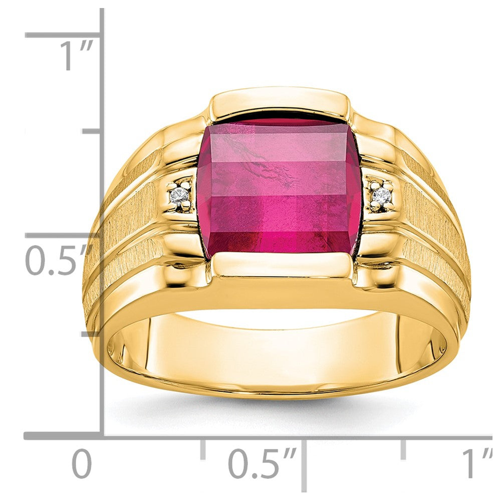 10k Mens Satin 9.5mm Cushion Barrel Lab Created Ruby and Diamond Complete Ring
