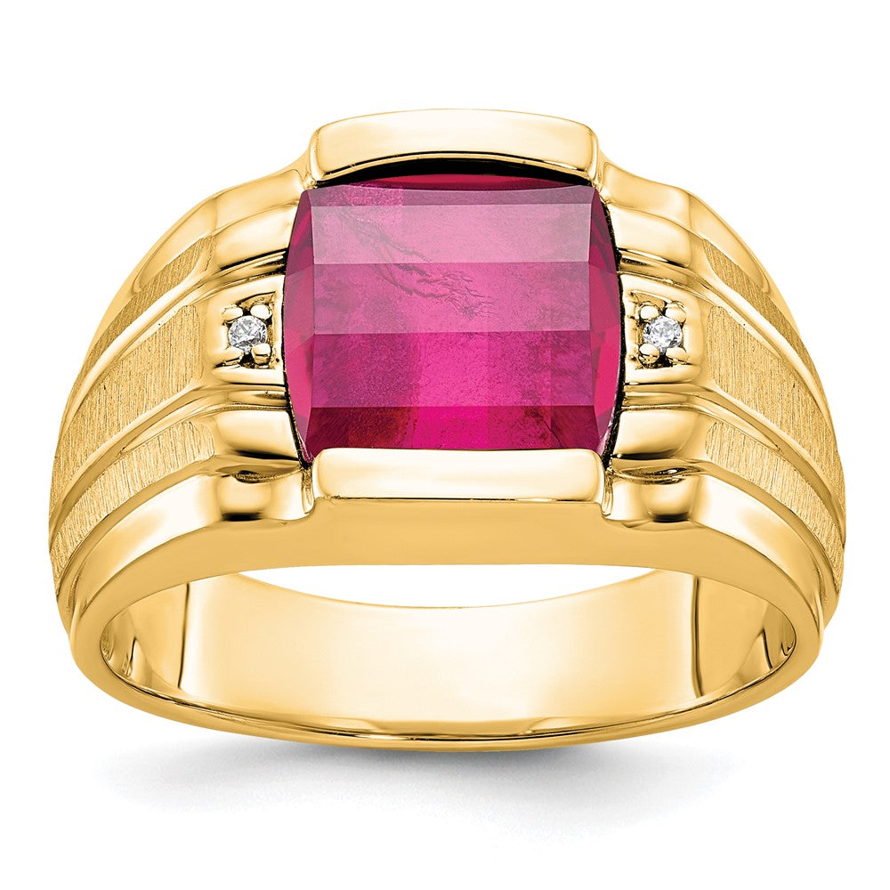 10k Mens Satin 9.5mm Cushion Barrel Lab Created Ruby and Diamond Complete Ring