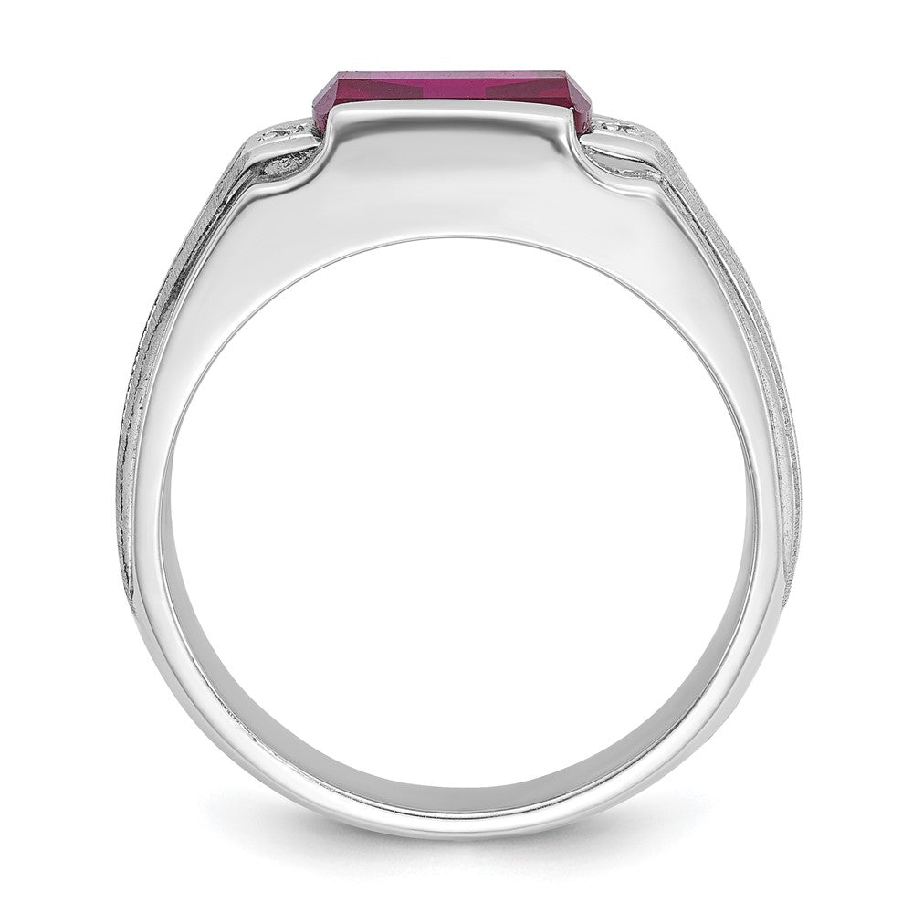 14k White Gold Mens Satin Barrel Lab Created Ruby and Diamond Complete Ring