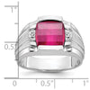 14k White Gold Mens Satin Barrel Lab Created Ruby and Diamond Complete Ring