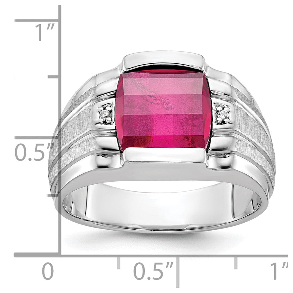 14k White Gold Mens Satin Barrel Lab Created Ruby and Diamond Complete Ring
