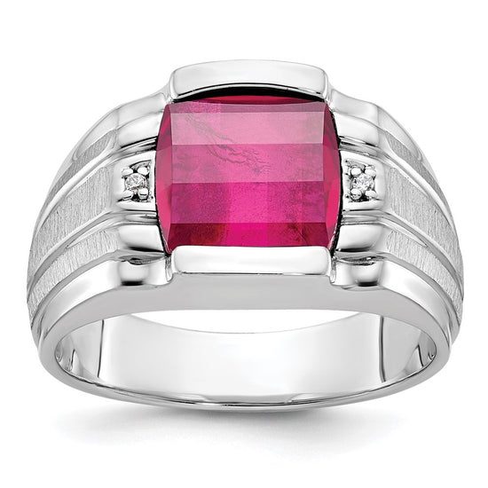 14k White Gold Mens Satin Barrel Lab Created Ruby and Diamond Complete Ring