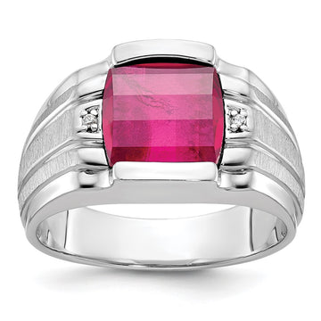 14k White Gold Mens Satin Barrel Lab Created Ruby and Diamond Complete Ring