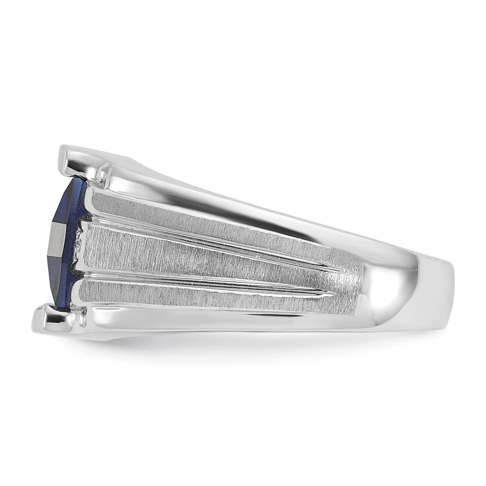 14k White Gold Mens Satin Barrel Lab Created Sapphire and Diamond Complete Ring