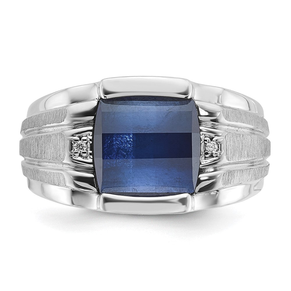 14k White Gold Mens Satin Barrel Lab Created Sapphire and Diamond Complete Ring