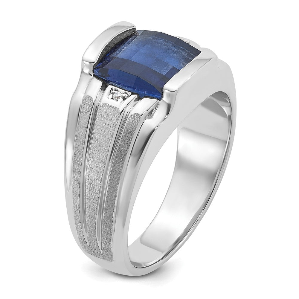 14k White Gold Mens Satin Barrel Lab Created Sapphire and Diamond Complete Ring