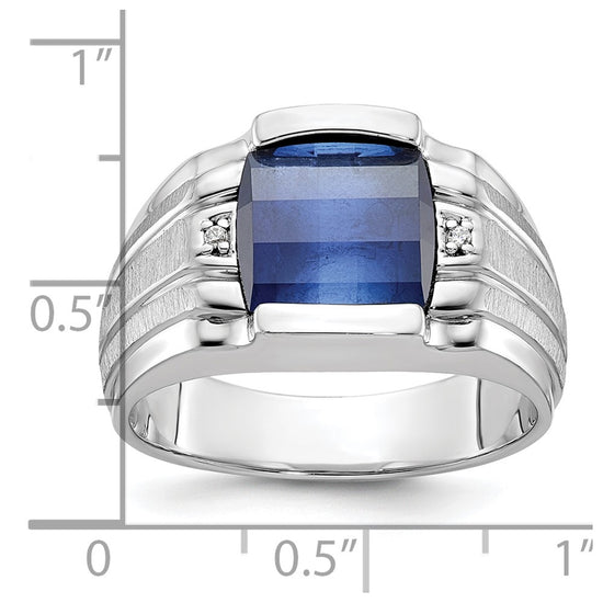 14k White Gold Mens Satin Barrel Lab Created Sapphire and Diamond Complete Ring