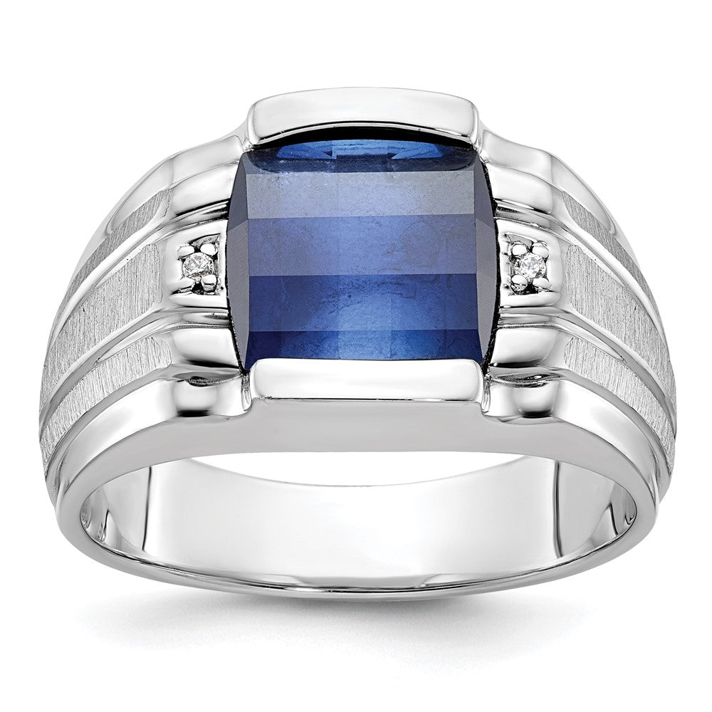 14k White Gold Mens Satin Barrel Lab Created Sapphire and Diamond Complete Ring