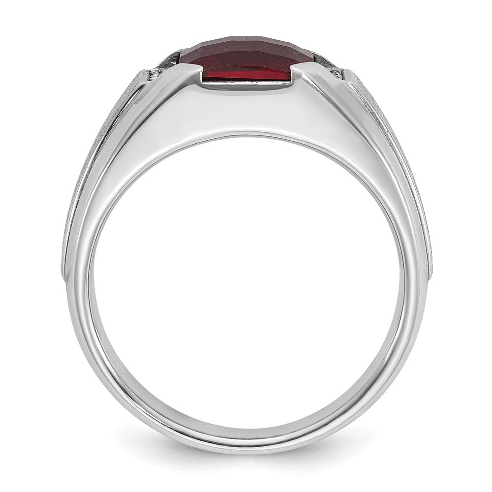 14k White Gold Men's Created Garnet and 1/20 carat Diamond Complete Ring