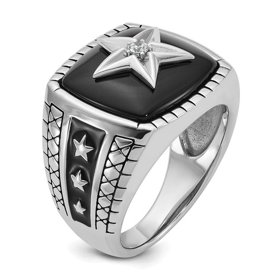 14k White Gold IBGoodman Men's Antiqued Onyx and 1/20 carat Diamond Complete Star Ring