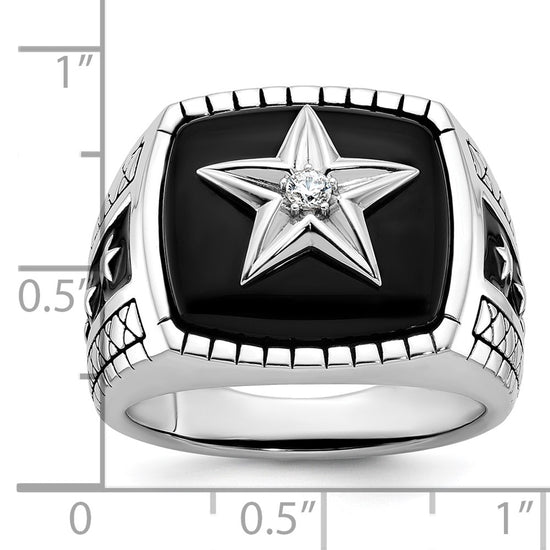 14k White Gold IBGoodman Men's Antiqued Onyx and 1/20 carat Diamond Complete Star Ring