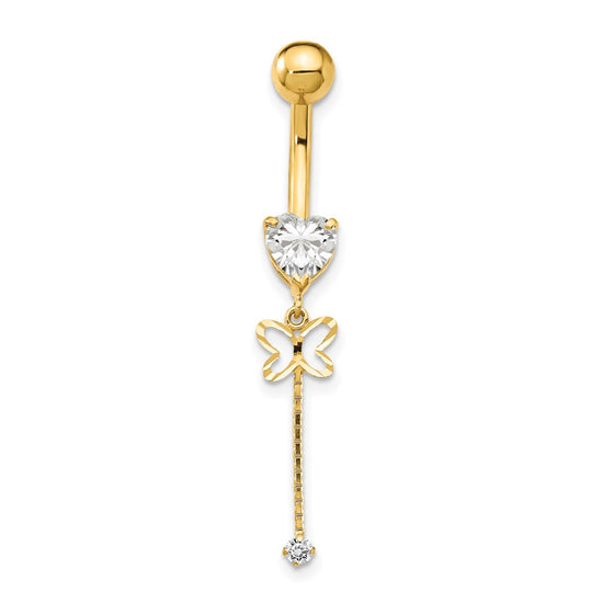 14k 14 Gauge CZ Butterfly Chain Dangle Belly Ring