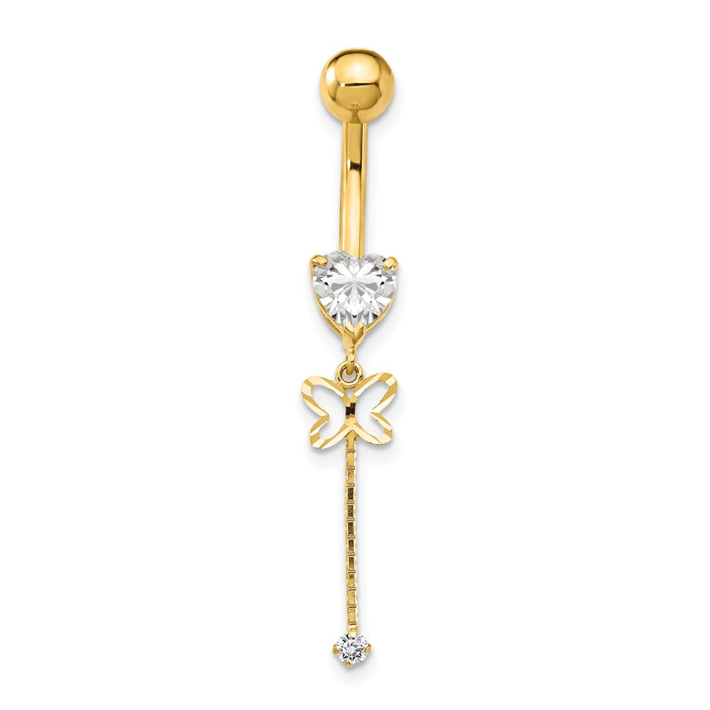 14k 14 Gauge CZ Butterfly Chain Dangle Belly Ring