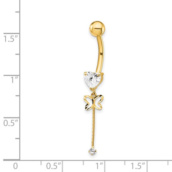 14k 14 Gauge CZ Butterfly Chain Dangle Belly Ring