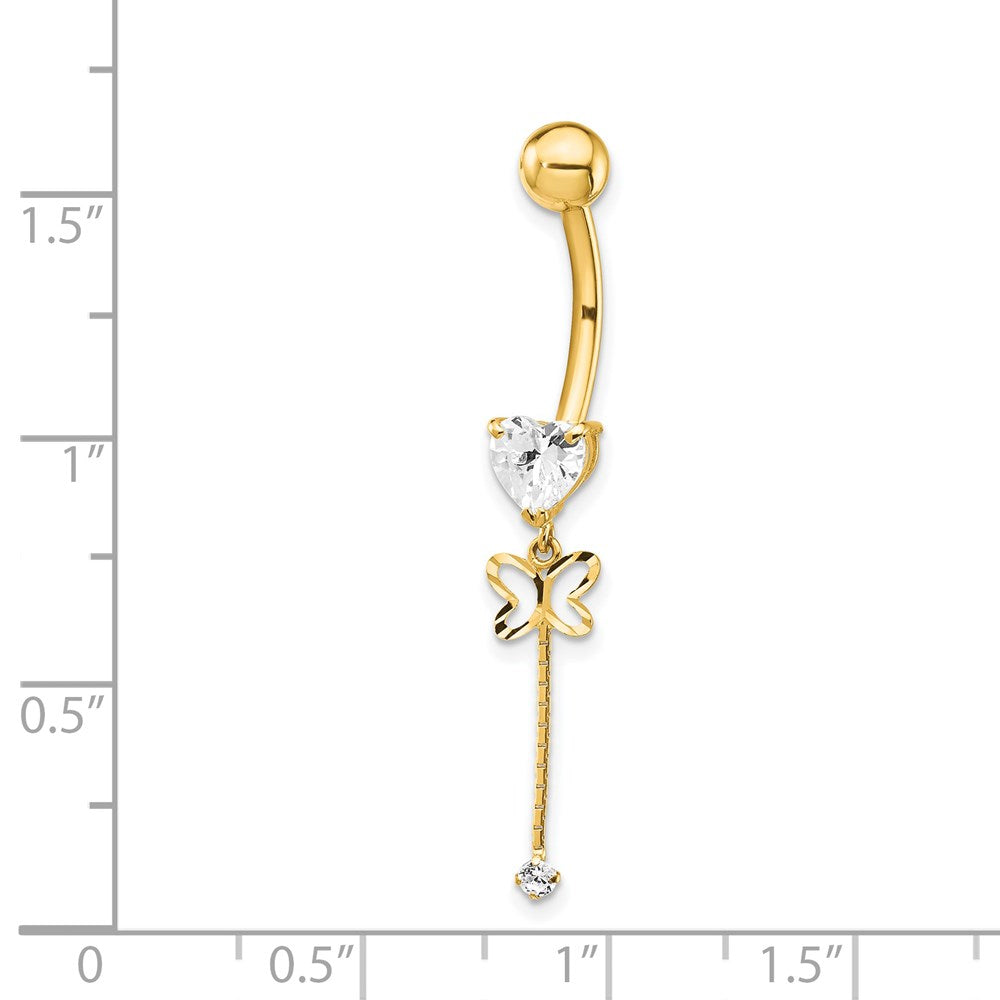 14k 14 Gauge CZ Butterfly Chain Dangle Belly Ring