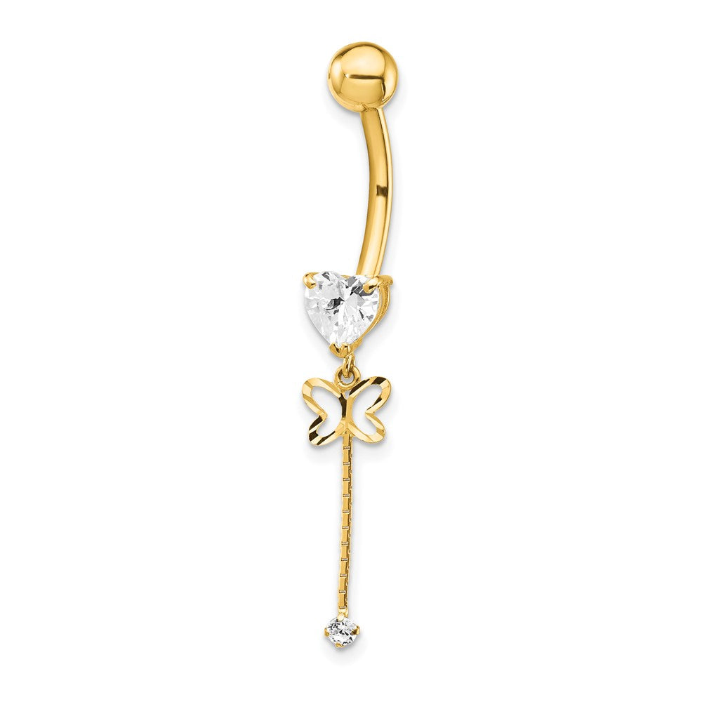 14k 14 Gauge CZ Butterfly Chain Dangle Belly Ring