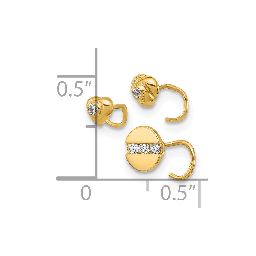 14K 22 Gauge CZ Heart / Flower / Circle 3-piece Nose Post Set