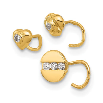 14K 22 Gauge CZ Heart / Flower / Circle 3-piece Nose Post Set
