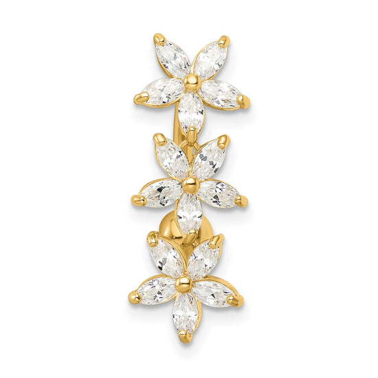 14k 14 Gauge CZ 3-Flowers Dangle Belly Ring