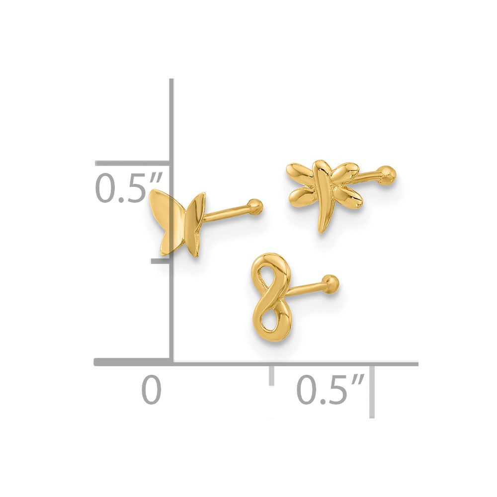 14K 22 Gauge Polished Infinity Symbol / Dragonfly / Butterfly 3-piece Nose Stud Set