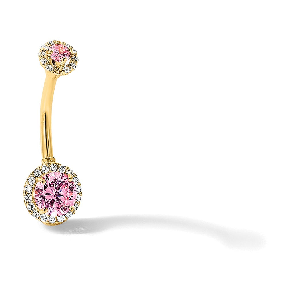 14K 14 Gauge Polished Pink and White CZ Halo Navel/Belly Ring