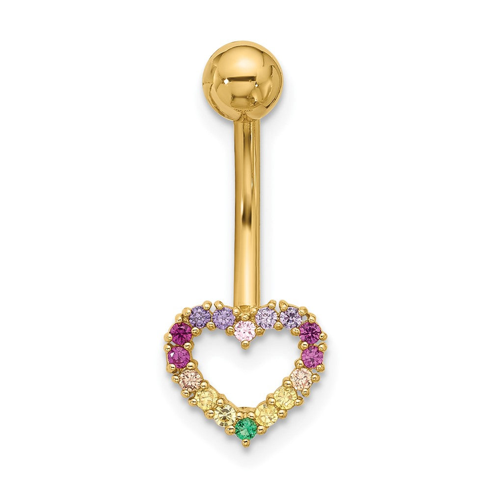 14k 14 Gauge Polished Rainbow CZ Heart Navel/Belly Ring