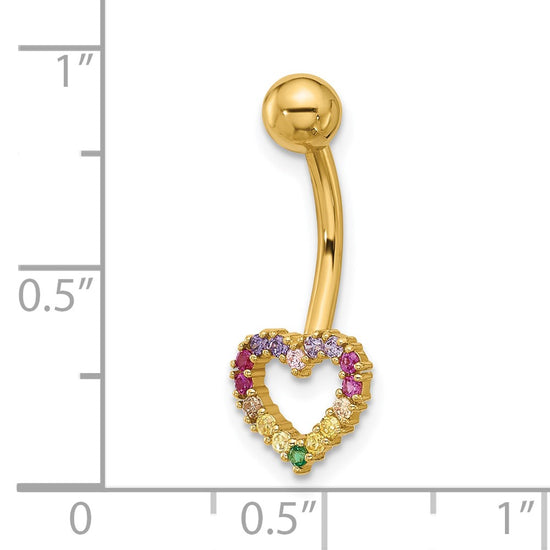 14k 14 Gauge Polished Rainbow CZ Heart Navel/Belly Ring