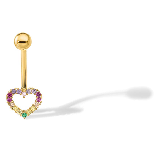 14k 14 Gauge Polished Rainbow CZ Heart Navel/Belly Ring