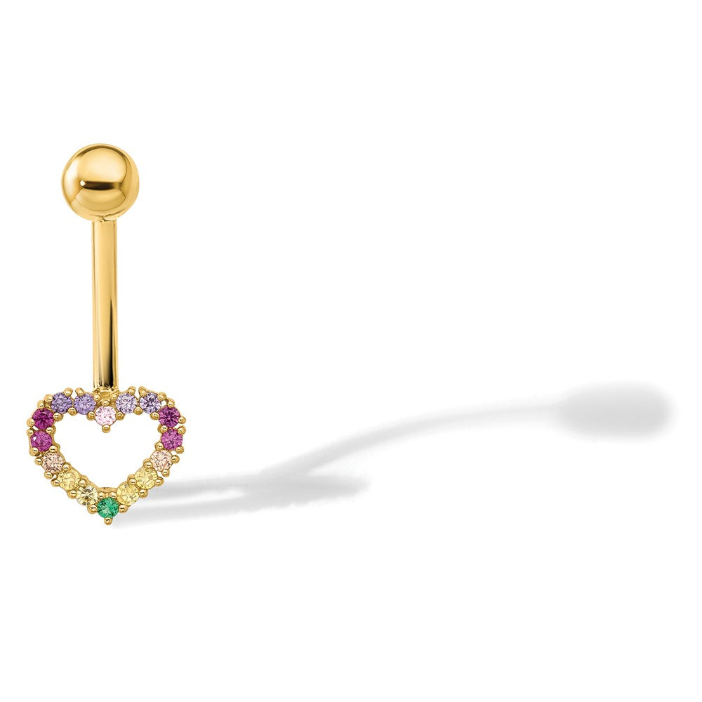 14k 14 Gauge Polished Rainbow CZ Heart Navel/Belly Ring