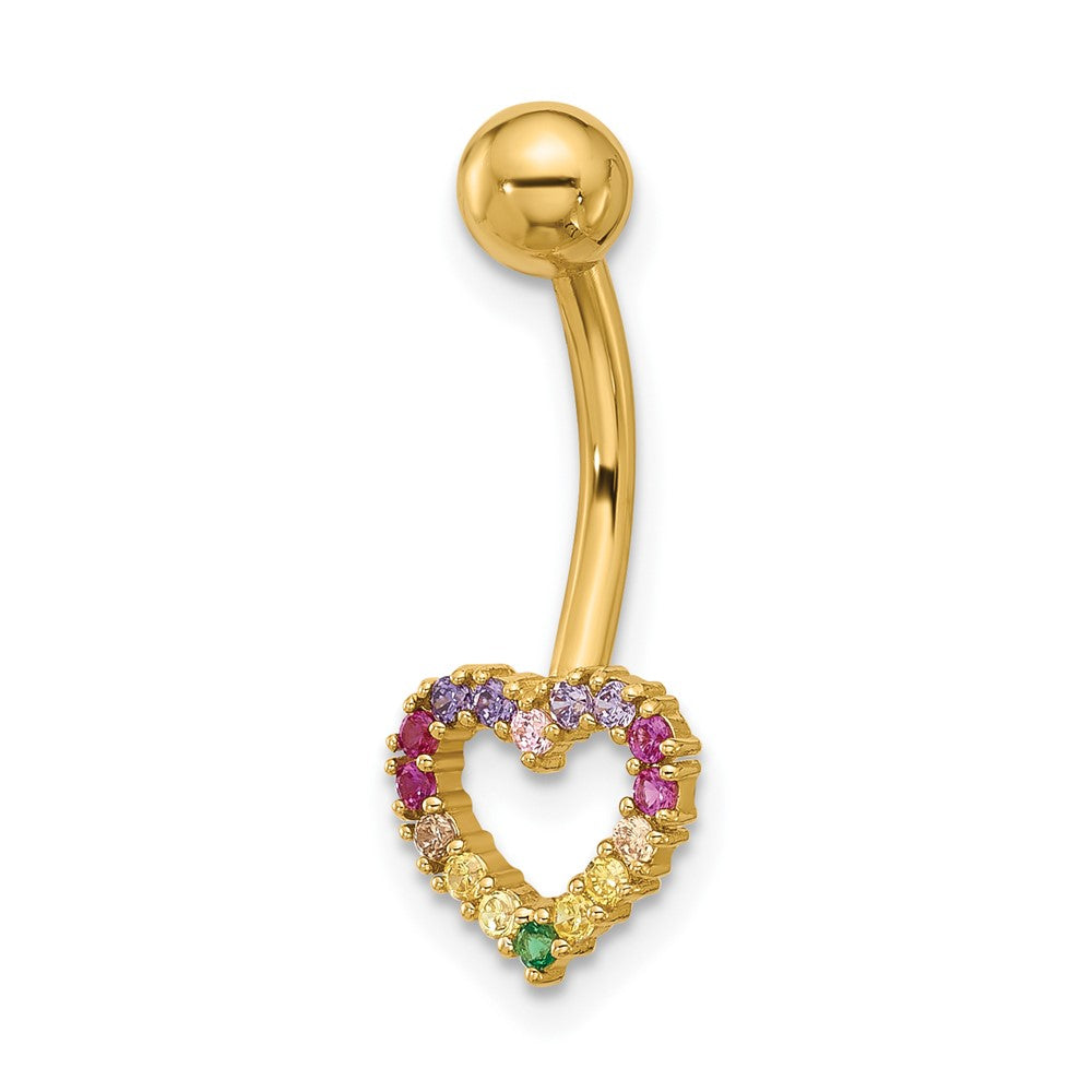 14k 14 Gauge Polished Rainbow CZ Heart Navel/Belly Ring