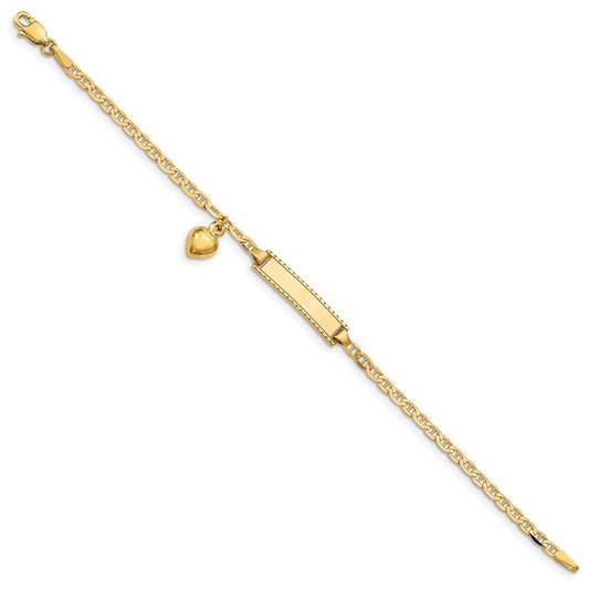 14k Polished Solid Chain/Solid Plate Heart Dangle Anchor Link 20x5mm Plate 5.5 inch Baby/Child ID Bracelet
