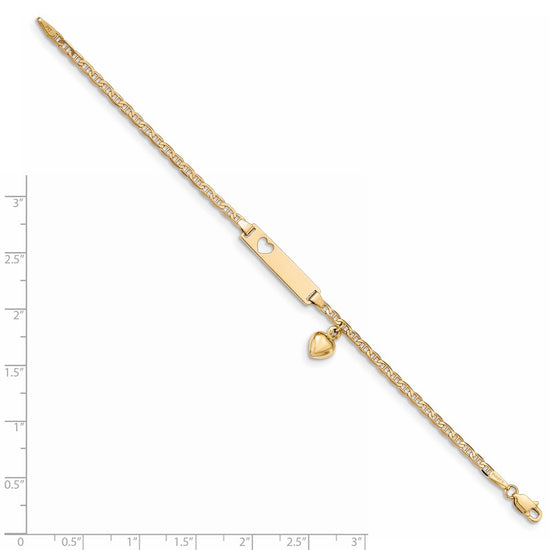 14k Polished Solid Chain/Solid Plate Cut-out Heart with Heart Dangle Anchor Link 22x5mm Plate 6 inch Baby/Child ID Bracelet