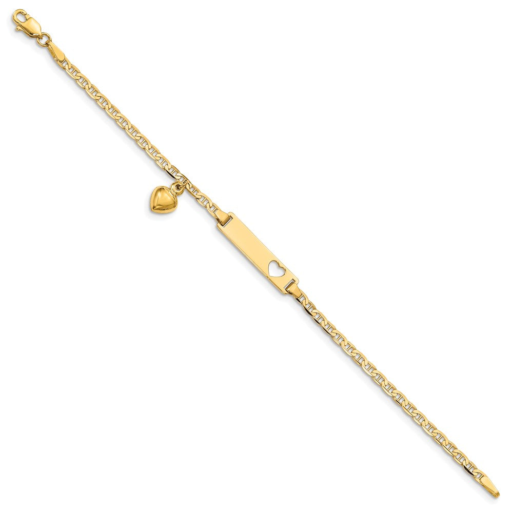 14k Polished Solid Chain/Solid Plate Cut-out Heart with Heart Dangle Anchor Link 22x5mm Plate 5.5 inch Baby/Child ID Bracelet