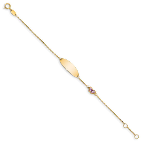 14K Polished Purple Enamel Butterfly and 20x7mm Plate 6 inch Baby/Child ID Bracelet with 0.5 inch Extender